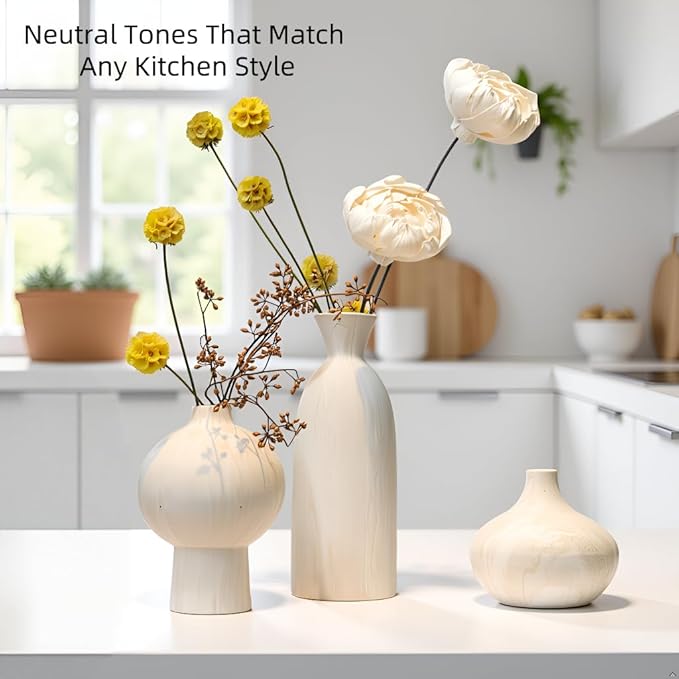 White Ceramic Vase Set of 3 in Beige, Modern Aesthetic Stone-Look Textured Pottery Vases for Shelf & Bookshelf Home Decor, Neutral Minimalist Decorative Vases for Flowers & Pampas Grass