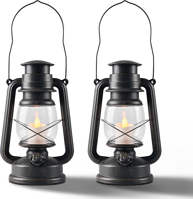 2-Pack Vintage LED Lanterns with Moving Flame Flickering- 9.5" Decorative Flameless Battery Operated Lamps with Timer for Outdoor Garden, Patio & Indoor Decor - Bronze