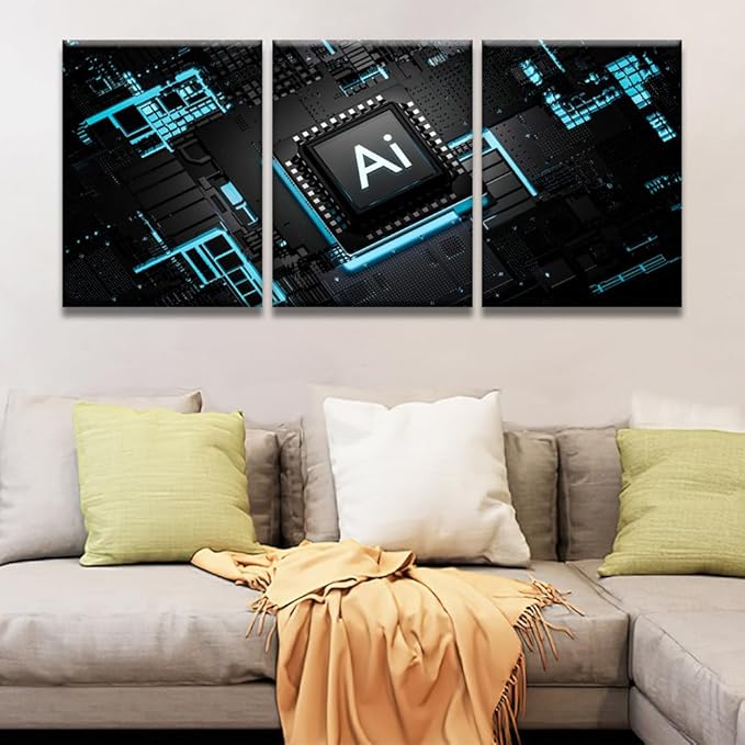 LSIUHWUWI Wall Art for Living Room 3 Piece Artificial Intelligence Processor Smart Microchip Pictures Print on Canvas Wall Art, CPU Artwork Ready to Hang, 12x16inchx3