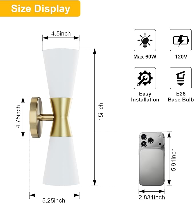 Bathroom Wall Sconce, Modern Indoor Vanity Light Fixtures 15", Up Down Lighting, Wall Mount Lamp for Living Room Bedroom Hallway Stairway Fireplace Mirror E26 Base 1PC White&Gold