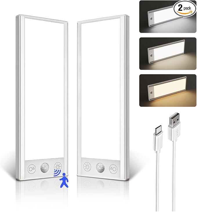 EZVALO 3000mAh Under Cabinet Lighting Wireless, 150LM Super Bright Motion Sensor Light, Rechargeable Under Counter Lights for Kitchen, Dimmable Closet Light with 3-Inch Ultra-Wide Panel 2Pack