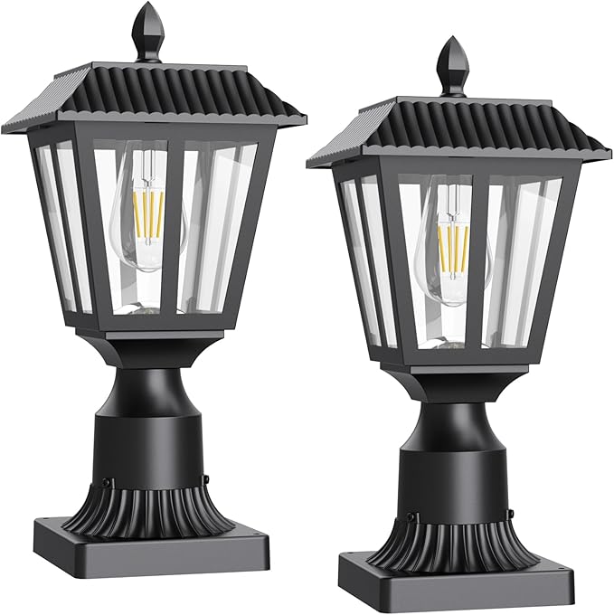 Greluna Solar Post Lamp Lights, 2 Pack 6000K Dusk to Dawn Solar Light with Pier Mount Base, Post Lights Outdoor Waterproof for Garden Yard Landscape Pole Pillar, Outside Decorative Lamp