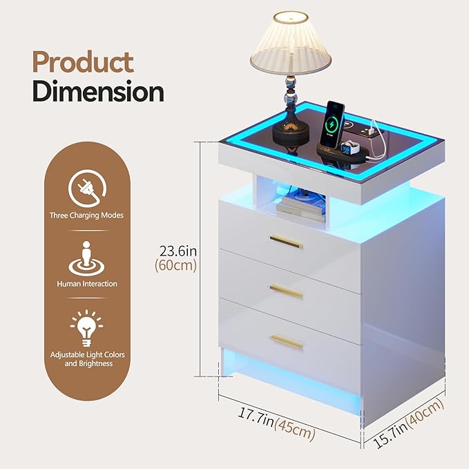 White Night Stand with Wireless Charging Station,Smart Bedside Table with 3 Drawers,Modern Glass Top End Table with 3 Color Dimmable,LED Nightstand for Bedroom