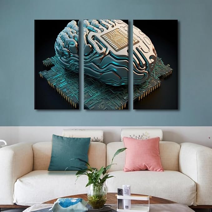 3 Panel Wall Art for Living Room, AI Pictures Print On Canvas Artwork, Computational Performance Framed Wall Art Computer Chip Canvas Posters Art Ready to Hang, 42" Wx28 H