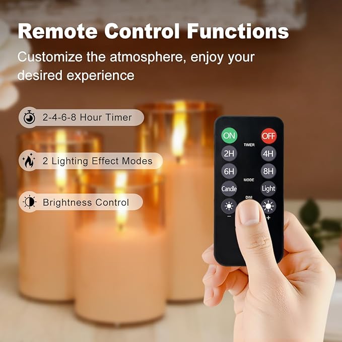 Rechargeable Flameless LED Gold Glass Candles–Luminous Real Wax Indoor Home Decor–Set of 3, Realistic Flickering LED Flame,Remote & Timer,Ideal for Living Room, Bedroom & Festival Décor