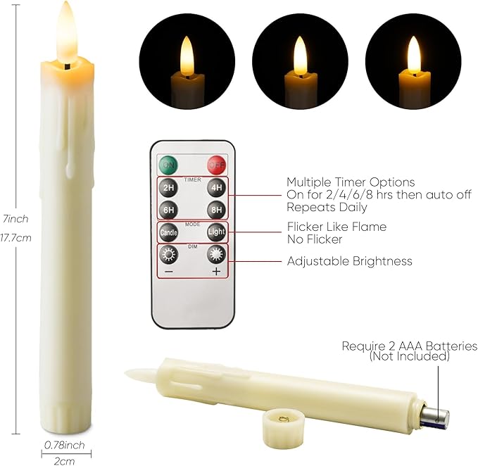 Homemory 7 Inches Flameless Taper Candles with Remote Timer, Short Led Candlesticks with 3D Flickering Light, Battery Operated Candles with Lifelike Flame for Wedding Home Xmas Decor, Ivory, 6 Pcs