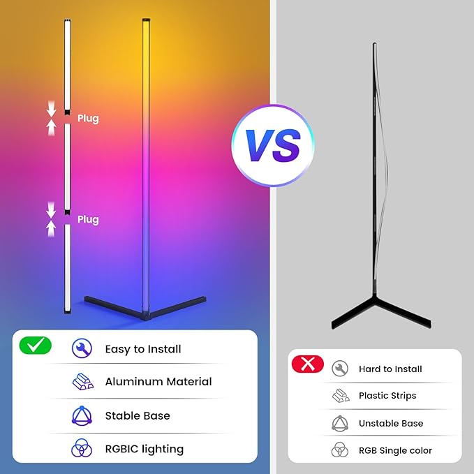 RIYO LED Corner Floor Lamp, RGB Color Changing Standing Lamp with App and Remote Control, 16 Million Colors & 68+ Scene Music Sync Ambient Lighting for Living Room, Bedroom, Gaming Room Decor