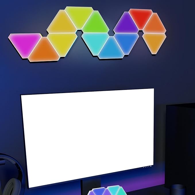 16M Color RGB Triangle LED Light Panel, Smart Music Sync Wall Light with APP Remote Control, USB Powered Triangle Light for Game Room Decor with Magic Adhesive Design, Triangle