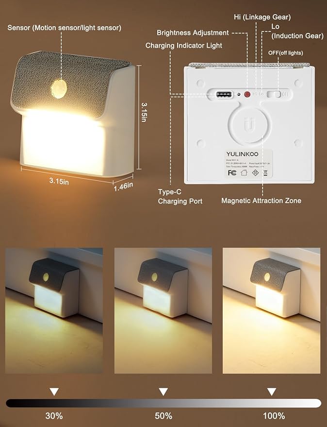 Linkage Stair Lights Motion Sensor Indoor, Magnetic Stick-On LED Wall Light, Dimmable Warm White Light, Rechargeable Motion Activated Light, for Hallway, Bedroom, Stairs, Kitchen