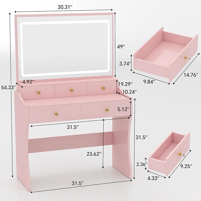 COMHOMA Makeup Vanity Desk with Mirror and Lights, Vanity Table and Chair Set with 5 Drawers and Charging Station, Bedroom Dresser LED Mirror Stepless Dimmable & 3 Color Modes Adjustable, Pink
