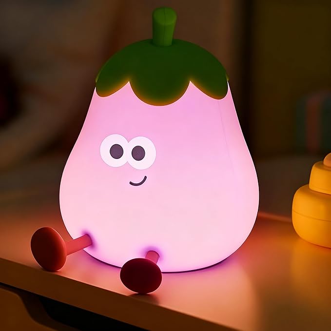 Eggplant Night Light for Kids, Nursery Night Lights, Bedside Touch Lamp, Cute Silicone Nightlight for Baby Boy Girl, 3 Level Dimmable Squishy Lamps Gift for Bedroom Kids Room Decor