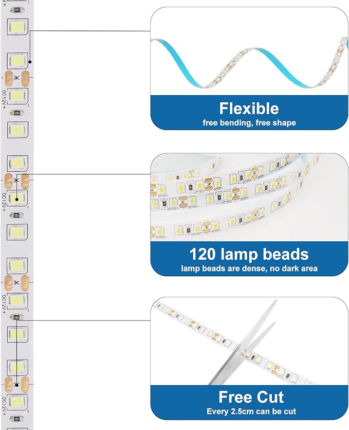 White LED Strip Lights, 16.4ft Dimmable Smart LED Light Strip 6500K Bright Daylight White, Strong Adhesive, 600 LEDs Flexible Tape Lights for Vantiy Mirror, Kitchen Cabinet, Bedroom