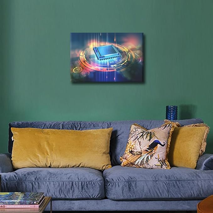 House Decorations Digital Cyber Space Wall Pictures for Living Room CPU Concept Canvas Wall Art Internet Concept Modern Wall Painting 1 Panel Prints Wall Art on Canvas Framed Ready to Hang, 18x12in