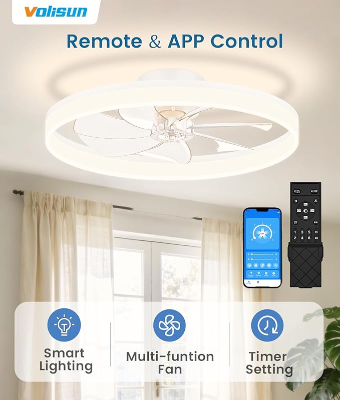 VOLISUN Low Profile Ceiling Fans with Lights and Remote, 27.6in Fandelier Ceiling Fan Flush Mount, 3000K-6500K Smart Bladeless LED Fan Light, White Modern Ceiling Fans with Lights for Bedroom