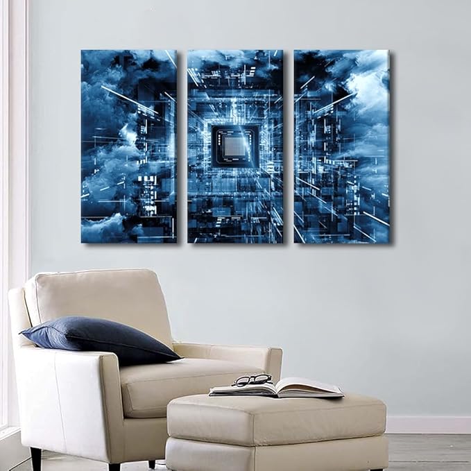 3 Pieces Canvas Prints Wall Art CPU Concept Modern House Decor Computer Chip Poster Canvas Wall Art Electronic PC Living Room Bedroom Decoration Artwork Painting Framed Ready to Hang(24"Wx36"H)