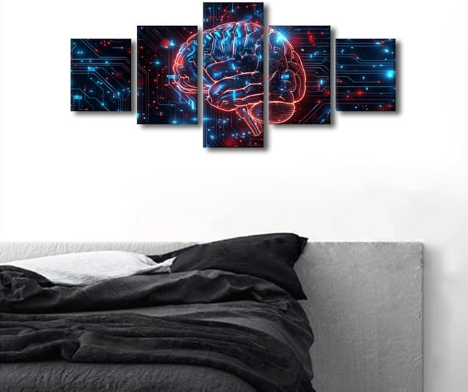 5 Panel Framed Canvas Wall Art Digital Human Brain Decor for Living Room Technology Pictures for Bedroom Artwork Home Dector for Room Ready to Hang Artificial Intelligence Pictures Framed 50" Wx24 H