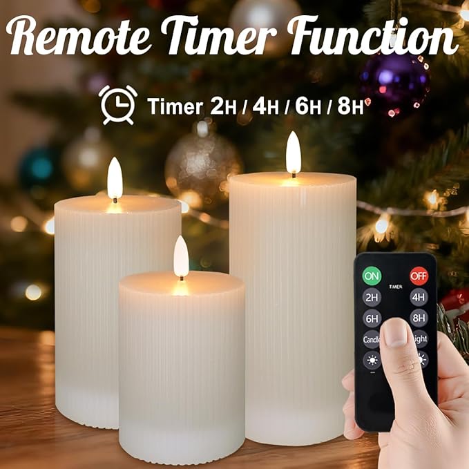 Rechargeable Flameless LED Pillar Candles–Luminous Real Wax Indoor Home Decor–Set of 3, Realistic Flickering LED Flame,Remote & Timer(Light Khaki)