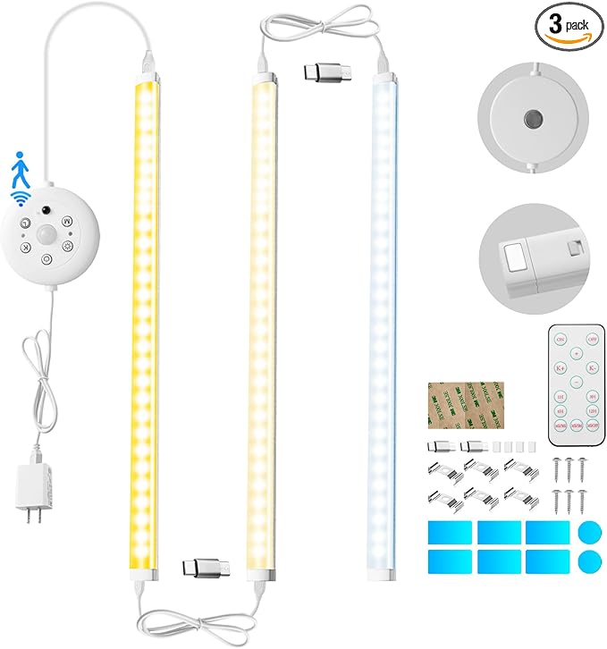 LED Cabinet Lights Bar with Motion Sensor, Dimmable Brightness and Color, IR Remote, Ultra Thin Strips Lighting Magnetic Mounting for Kitchen,Bookshelf,Closet 3Pack