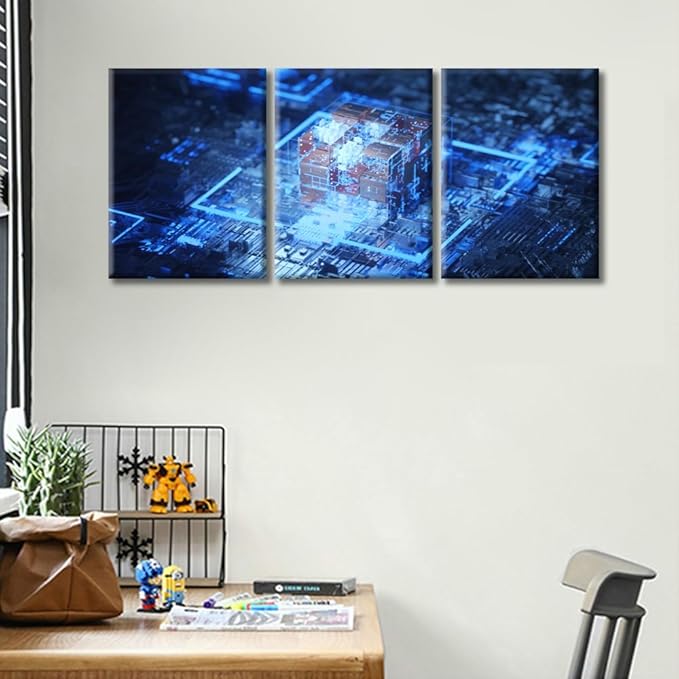 TUMOVO 3 Piece Integrated Communication Processor Wall Art for Living Room CPU Concept Canvas Wall Art Poster Motherboard Digital Chip Wall Decor for Bedroom Framed Ready to Hang(36" Wx16 H)