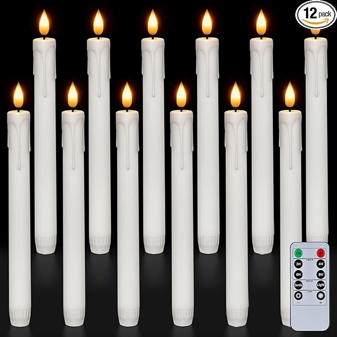 Homemory 12 Pcs Plastic Flameless Taper Candles with Remote Timer Dimmer, White Taper Candles Battery Operated with Flickering Flame Light Lifelike Led Candlesticks for Indoor Decoration 9.6 Inches