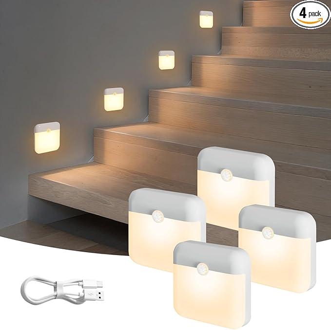 4 Pack Motion Sensor Light Indoor, Rechargeable Night Light, 60LM, 2-Modes, Stick-on Battery Operated LED Sensor Light for Stairway, Hallway, Kitchen, Closet, Bedroom