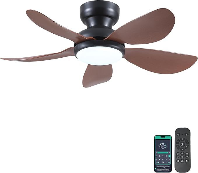 36 Inch Modern Ceiling Fans with Lights, Small Flush Mount Ceiling Fan with Light and Remote/APP Control, 5 Reversible 6 Speeds Curved Blades, 3 CCT Dimmable Lights for Kids Room, Brown