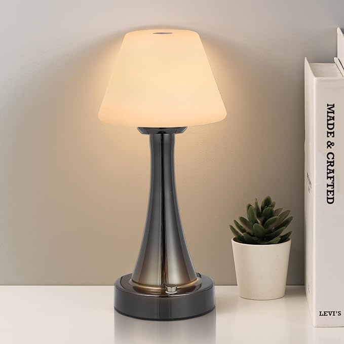 Waterproof Rechargeable Table Lamp for Shower & Outdoor, Cordless Touch Dimmable Nightstand Lamp with 3 Light Colors, Portable LED Light for Bedroom, Patio, Camping & Bar (Bright Chromium)