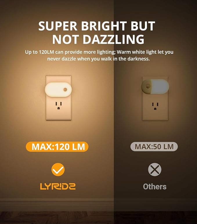 Lyridz Plug in Night Light with Motion Sensor, 120LM Superior Bright Smart Mini LED Nightlight, Warm White with Stepless Adjustable Brightness for Bathroom, Bedroom, Kitchen, Stairs, Hallway, 2 Pack