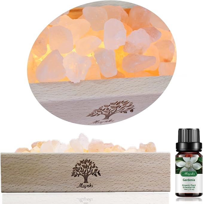 Himalayan Pink Salt Lamp Diffuser with Wood Base - 300g Natural Salt, USB Powered, Warm Light & 10ml Gardenia Essential Oil Set for Aromatherapy, Relaxation, Meditation, Home Decor, Gifts