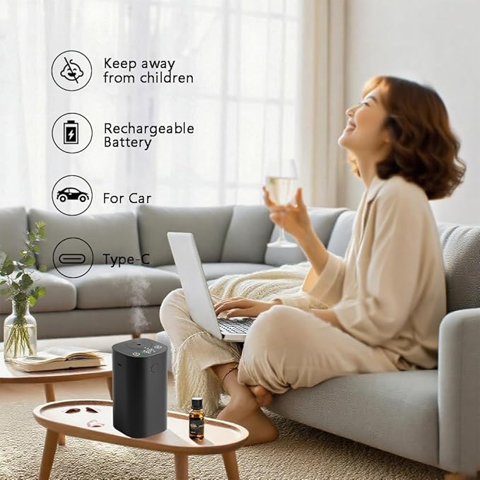 Waterless Diffuser for Essential Oil Rechargeable Scent Diffuser Machine, 0.7 Fl.Oz. 20mL Capacity, 4 Countdown Timers & 4 Mist Levels for Home, Room, Car, Office, Christmas Decorations Indoor, Black