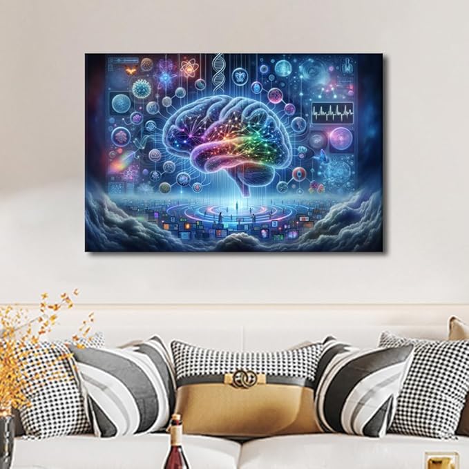 Digital Brain in Colour Background Painting Artwork Neural Network Pictures for Living Room Wall Decoration Artificial Intelligence Canvas Printing Wall Art Wall Decor for Bedroom 24"Wx36"Hx1 Panel