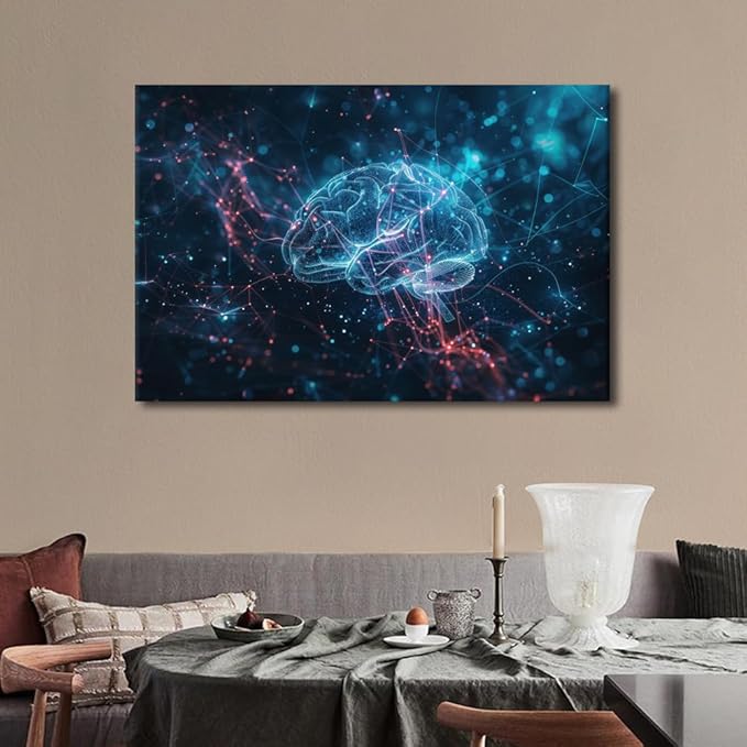 Wall Decor Modern Technology Paintings Canvas Wall Art Framed Human Brain Poster for Boys Bedroom Artificial Intelligence Painting Wall Decor Art Work for Home Decor Living Room 24" Wx36 Hx1 Panel