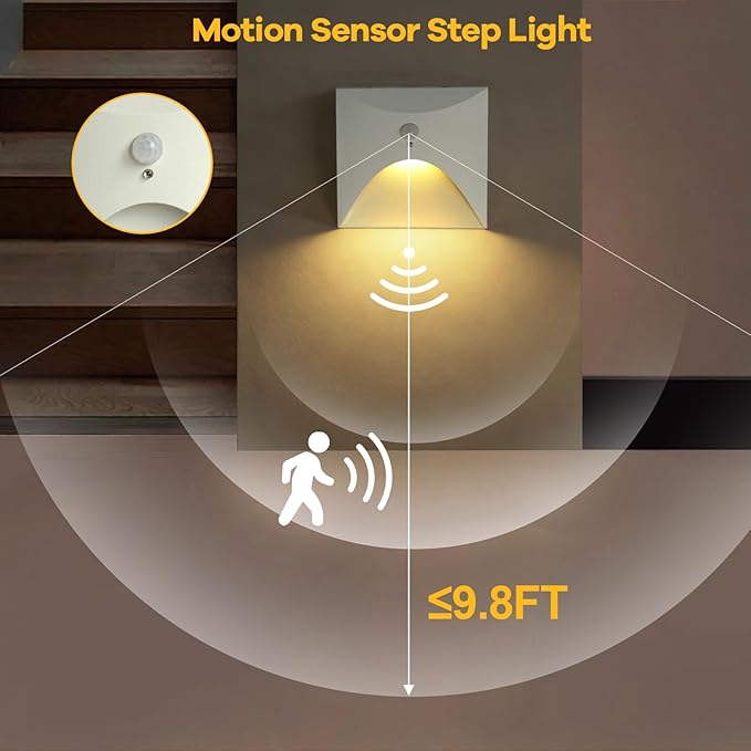 FVTLED Motion Sensor LED Step Lights, 3W AC 85-265V Stair Lights Indoor Outdoor, 3000K Warm White, Arc Design, IP44 Waterproof Staircase Lighting-White Shell