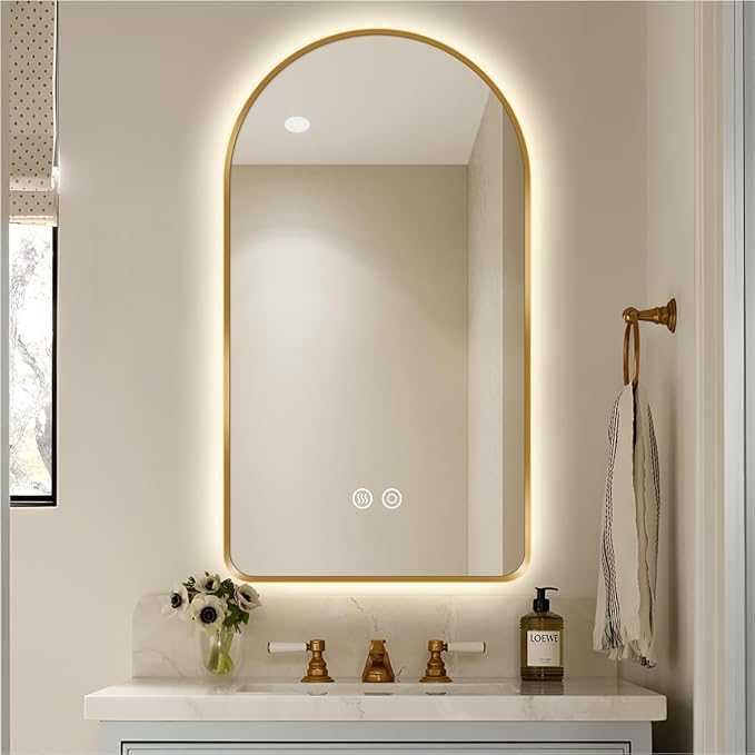 40 x 24 Arched LED Bathroom Mirror, Brushed Gold Framed, Backlit Vanity Mirror with Lights, Wall Mounted Lighted Mirror, Dimmable 3-Color Shatter-Proof Arch Smart Mirror, UL-Listed, CRI≥93