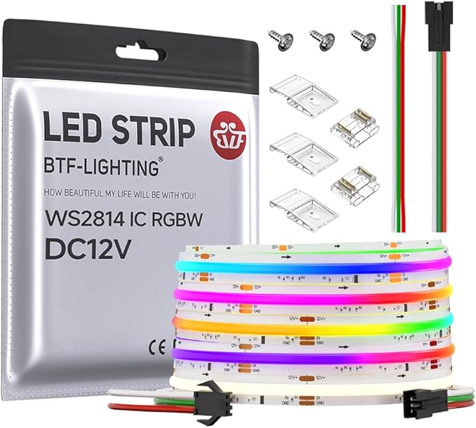 BTF-LIGHTING FCOB COB LED Strip WS2814 IC RGBW 4000K Flexible High Density Color Chasing Uniform Light 16.4FT DC12V 16IC/m 10mm Width for Home DIY Lighting Projects(No Adapter or Controller)