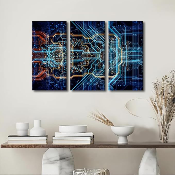 TUMOVO Digital Chip Wall Art CPU Concept House Decorations for Living Room Computer Chip Canvas Wall Art Paintings for Bedroom Office Decor 3 Pieces Modern Artwork Framed Ready to Hang(24" Wx36 H)