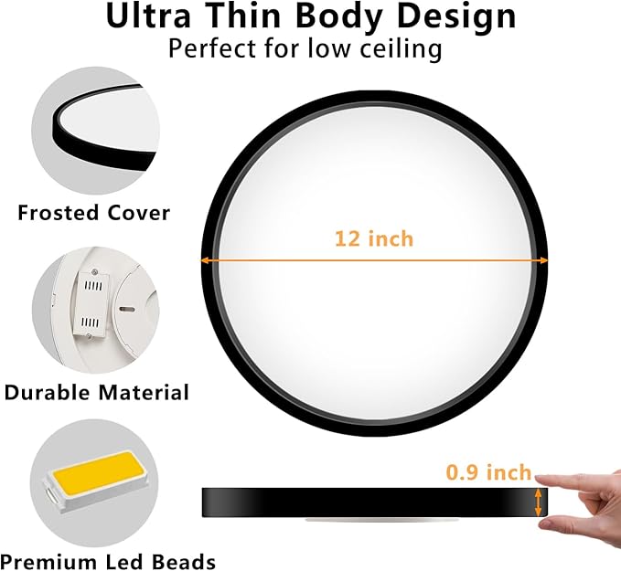 LED Flush Mount Ceiling Light Fixture, 12Inch 24W Led Ceiling Light 5000K 2300LM Ultra Thin Flat Surface Panel Light Low Profile Ceiling Light for Bedroom Kitchen Bathroom Garage Living Room
