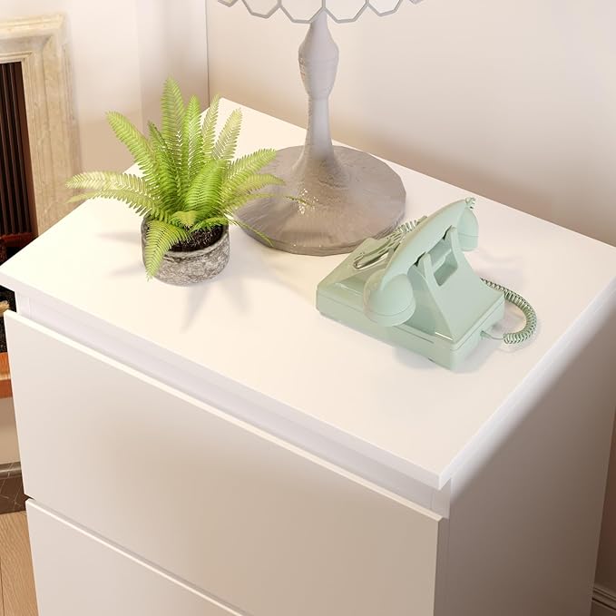 FAMAPY Modern Nightstand with 2 Drawers, Bedroom Storage Cabinet, Modern End Side Table, No Handle Design, for Living Room White 15.7”W x 11.6”D x 18.9”H