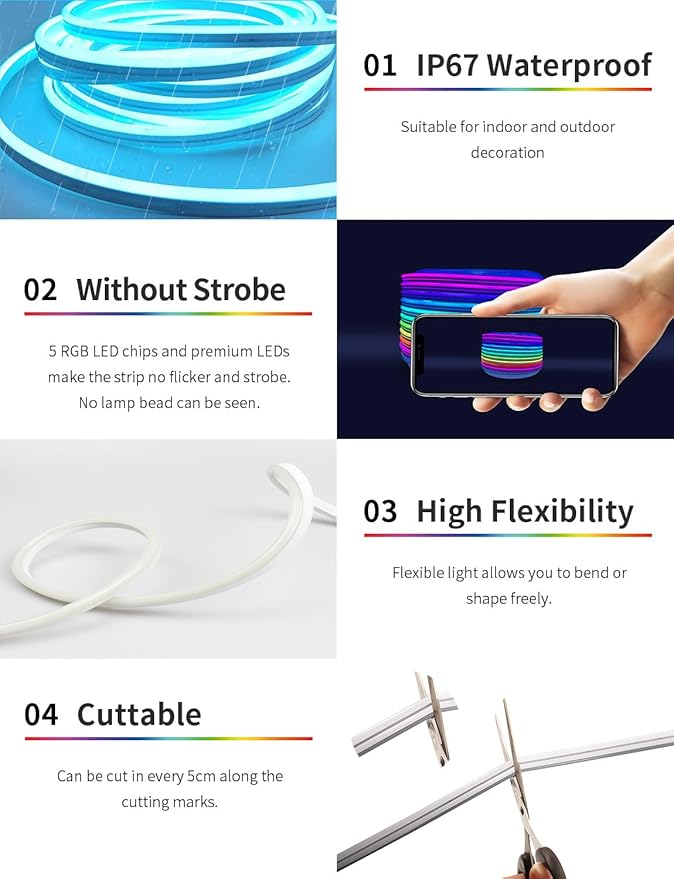 52FT LED Neon Rope Lights, RGB Strips Light with RF Remote & APP Control,Flexible IP67 Waterproof Outdoor, Music Sync,DIY Design,24V LED Strip Lights for Gaming Wall Christmas Decor-2 Rolls