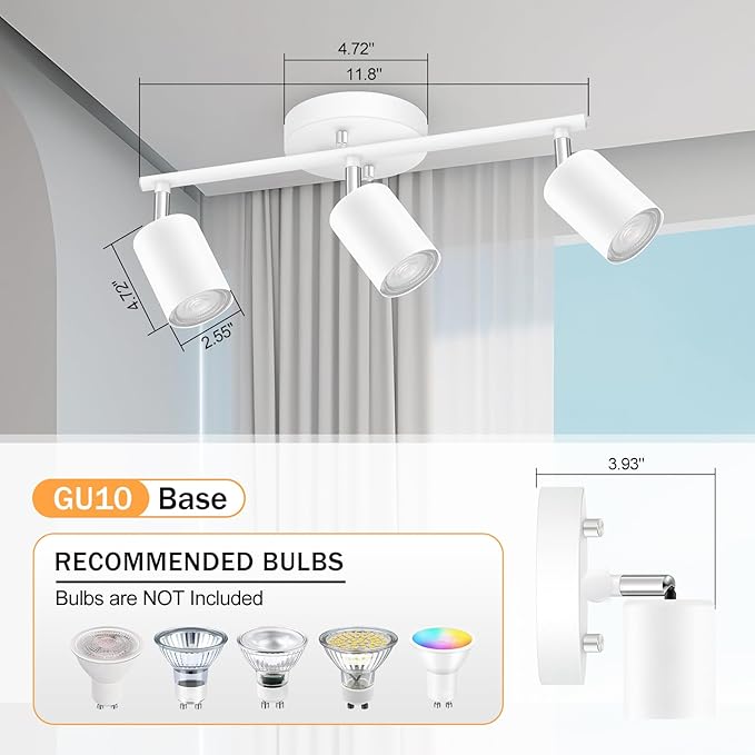 BoostArea LED 3 Light Track Lighting Kit, White 3 Way Ceiling Spot Lighting, Flexibly Rotatable Light Head for Kitchen, Living Room, Bedroom, GU10 Bulb Not Included