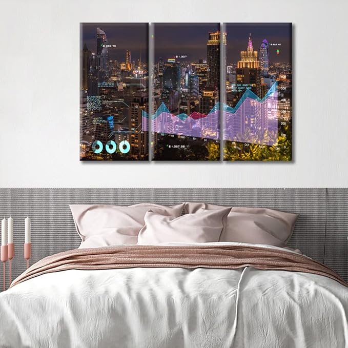 TUMOVO 3 Panel Stock Exchange Market Paintings Wall Decor Finance Stock Graph Chart Price City Building Background Bedroom Decor Wall Art Pictures Modern Home Decor Framed Ready to Hang (60" Wx40 H)
