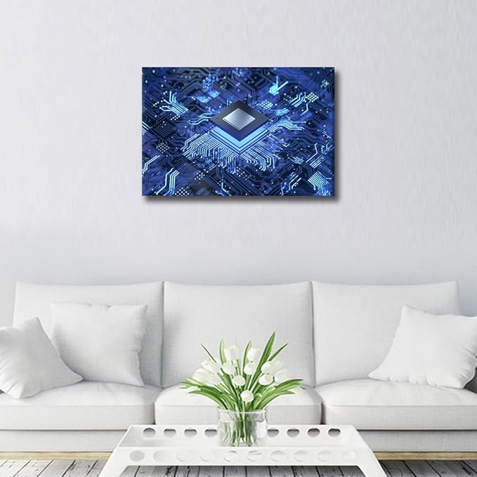 Computer Chip Wall Art Canvas AI Pictures CPU Concept Wall Painting for Bedroom Wall Art for Living Room Contemporary Modern Home Decor Office Posters Framed Wall Art - 24x16in