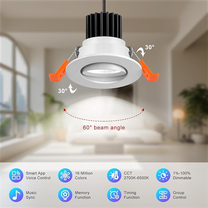 2 Inch Smart Recessed Lighting, 5W RGB WiFi LED Downlight, Dimmable RGB Color Changing & CCT 2700K–6500K, Compatible with Alexa & Google Home, 120V Round Recessed Ceiling Light with Driver (4 Pack)