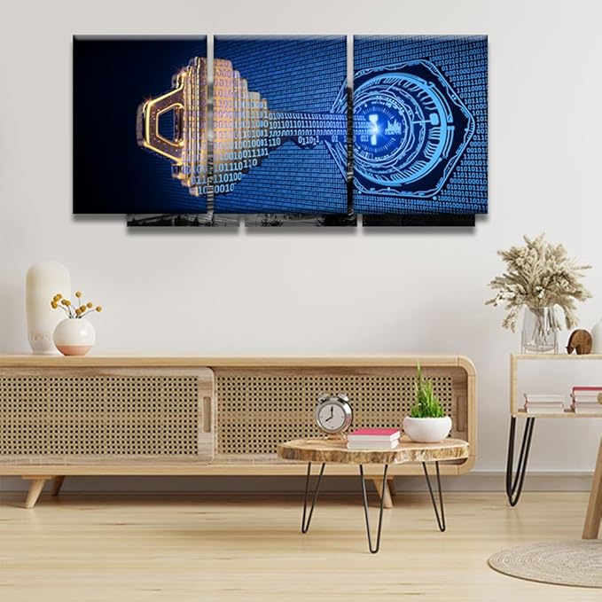3 Panel Framed Wall Art A Key Formed from Binary Code Goes Into an Abstract Lock Picture Print on Canvas Posters for Bedroom Living Room Dorm Wall Decorations, 12x16inchx3