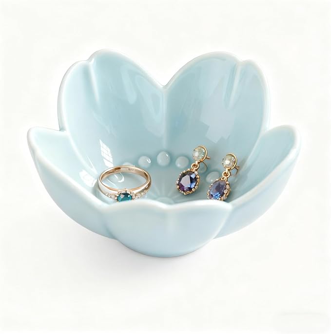 Flower Ring Dish Jewelry Tray, Ceramic Jewelry Dish, Cute Small Trinket Tray, Nightstand Bathroom Decor Ring Holder, Jewlery Plate Bowl for Christmas Friendship Birthday Gifts for Women Mom