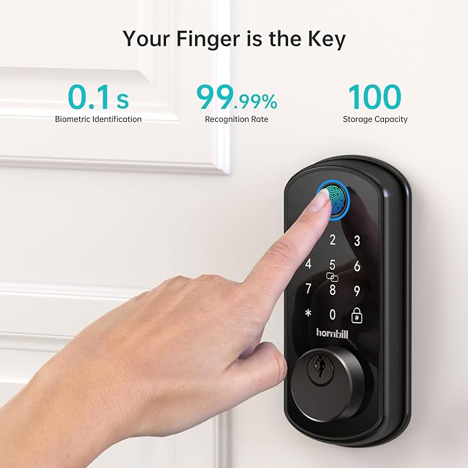 Smart WiFi Front Door Lock: Hornbill Keyless Entry Fingerprint Deadbolt with Handle Set Electronic Digital Keypad Door Locks APP Remote Control Alexa Auto Lock Black