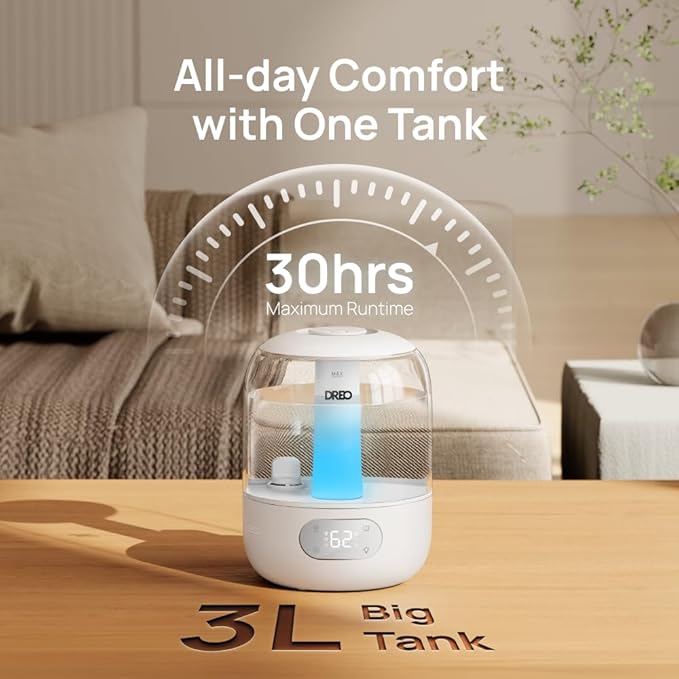 DREO Humidifiers for Bedroom, Cool Mist Ultrasonic Humidifier with 26dB Quiet & RGB Lighting, Top Fill 3L Tank, Easy Clean, 30 Hr Runtime for Home, Baby, Plant, Nursery, Work with Google/Alexa