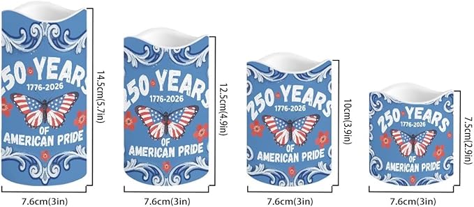 1776–2026 LED Candles 250th Anniversary Butterfly Pattern Battery Operated Flickering with Timer 4th of July American Pride Decor for Independence Day Living Room, 4 Pack