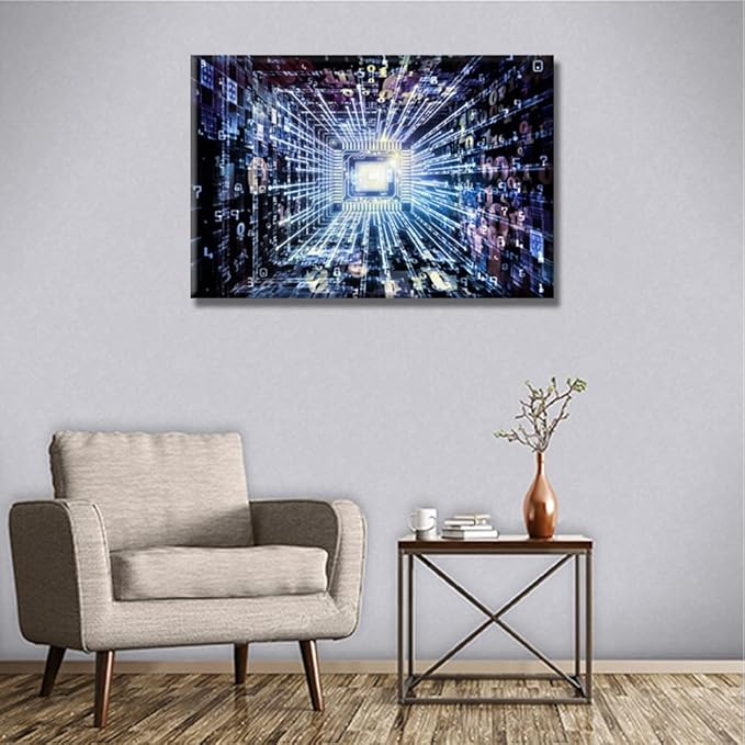 Futuristic CPU Canvas Wall Art CPU Concept Virtual Reality for Living Room Digital Cyber Space Wall Art for Living Room Picture for Bedroom Office Decor Artwork Framed Easy to Hang 16X24 INCH