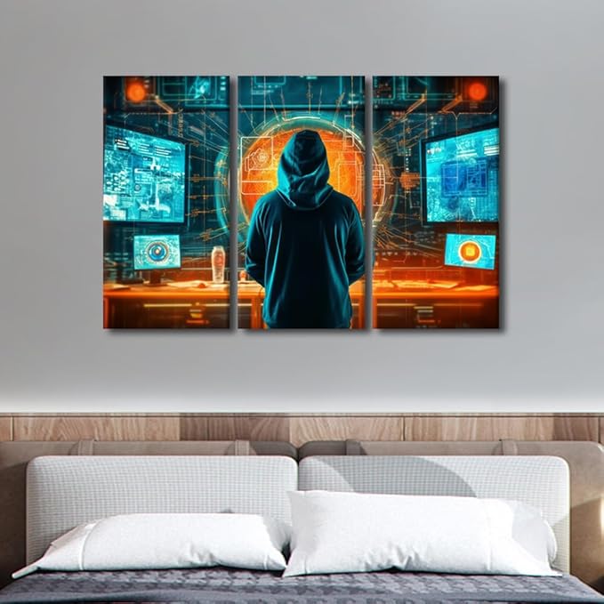 TUMOVO Modern Wall Art for Living Room Multi Panel Concept of Cybersecurity, Phishing, Cybercrime Posters and Prints, Concept Wall Art for Living Room Bedroom Wall Decoration, 42" Wx28 H